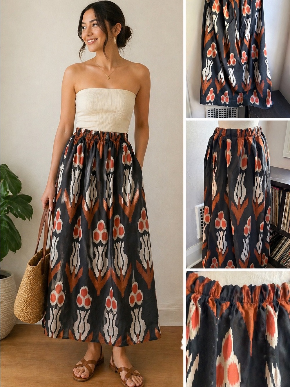 Handmade Maxi Skirt Small Boho Ikat Print Elastic Waist Lined (Anthropologie)